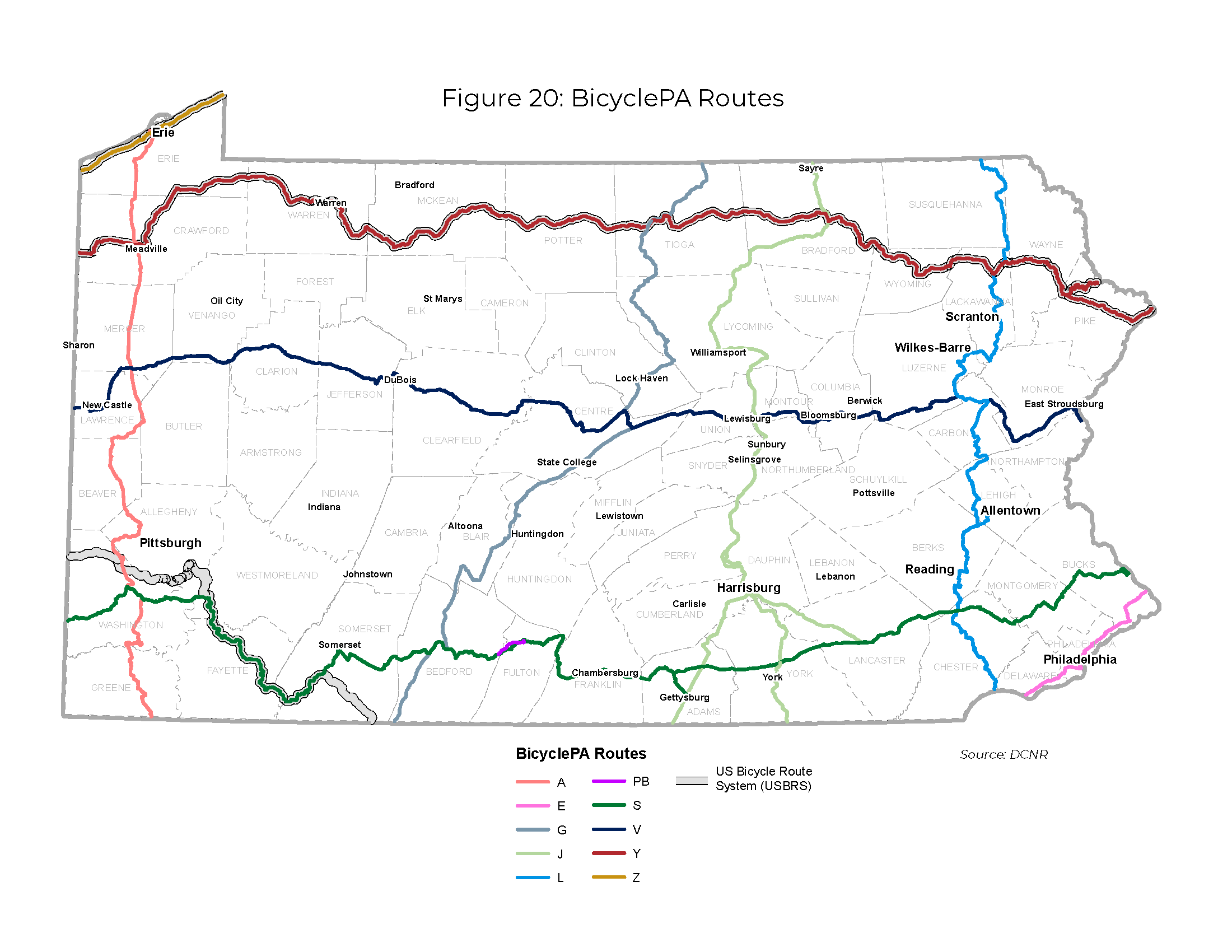 Map of Pennsylvania depicting the BicyclePA Routes of A, E, G, J, L, PB, S, V, Y, Z and the US Bicycle Route System.